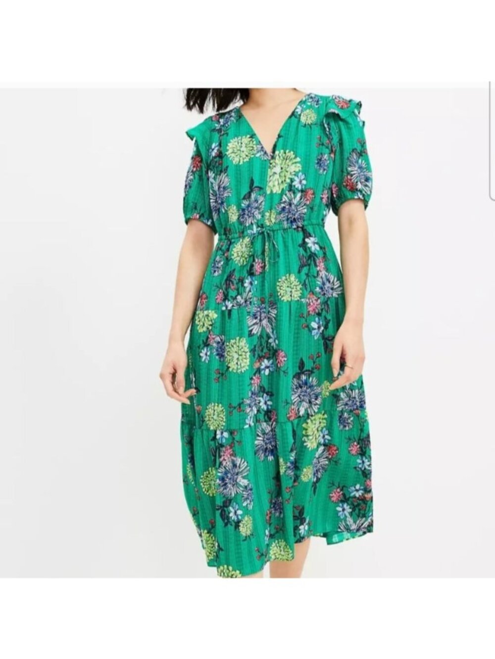 Green Floral Midi Dress With V-Neckline & Ruffled Sleeves Ladies Size L